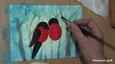 Как нарисовать снегиря на ветке рябины. Как нарисовать зимний пейзаж гуашью