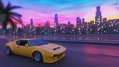 Желтый спорткар едет по набережной города 2K - живые обои для Wallpaper Engine