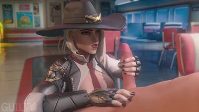 Ashe - handjob; masturbation; hard stroking; orgasm; cum on boobs; cum on face; cumshot; 3D sex porno hentai; [Overwatch]