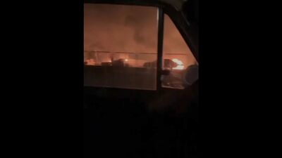 28/02/2022. Бровары. вечер. только что уничтоженный ракетным ударом блокпост украинской армии.