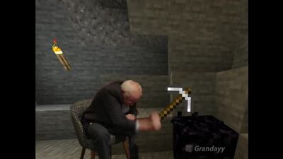 Bernie Sanders mines obsidian with an iron pickaxe in Minecraft